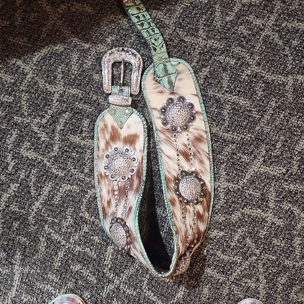 Western Style Cowhide Hip Belt with Silver & Turquoise Accents